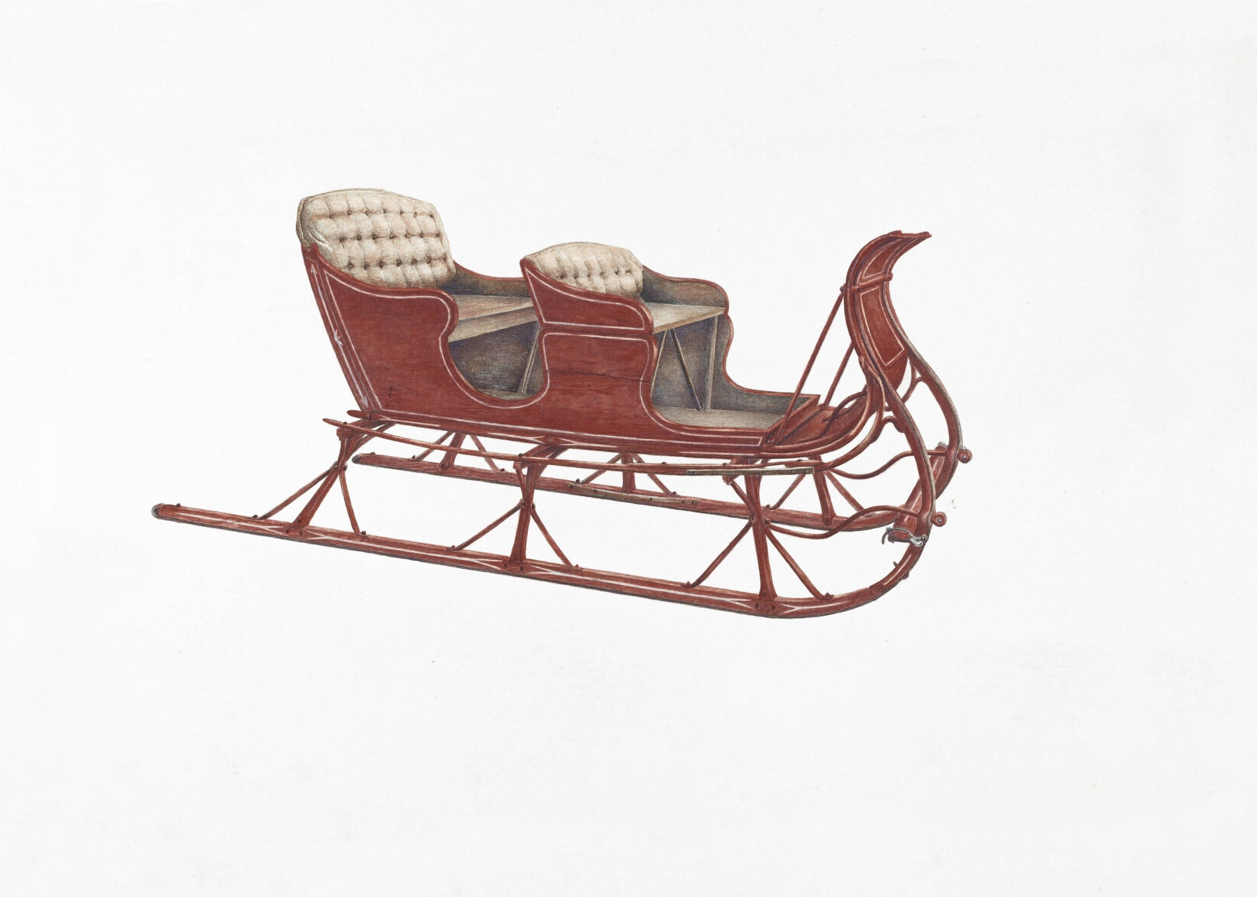 Antique illustration of a red wooden sleigh with two cushioned seats, designed for winter travel.