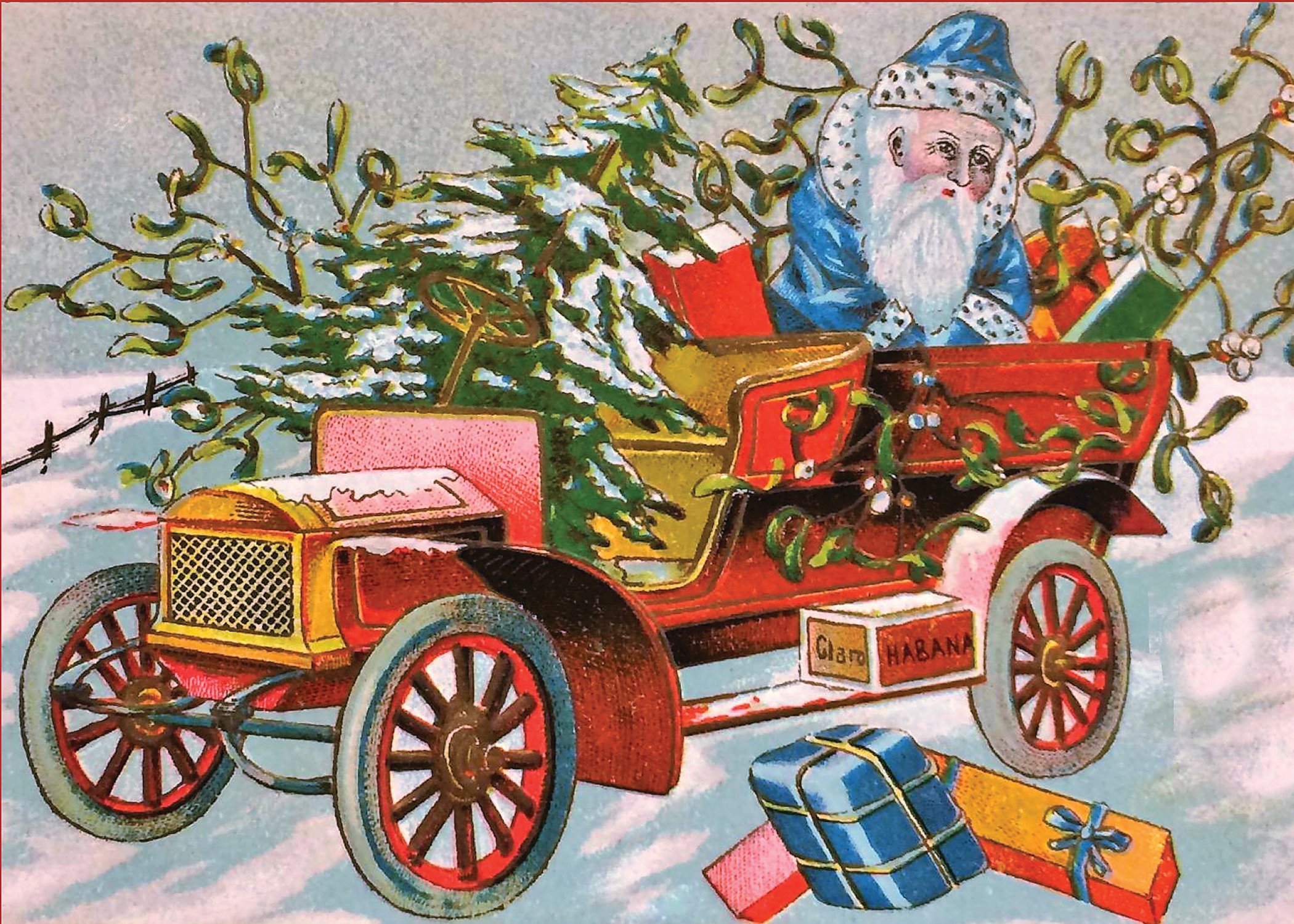 Vintage Christmas illustration of Santa Claus in a red car filled with presents and a Christmas tree, driving through snow.