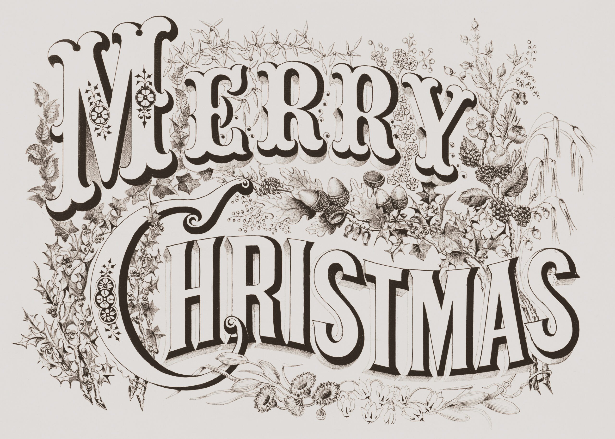 Black and white vintage artwork featuring ornate lettering that spells "Merry Christmas" surrounded by festive foliage.