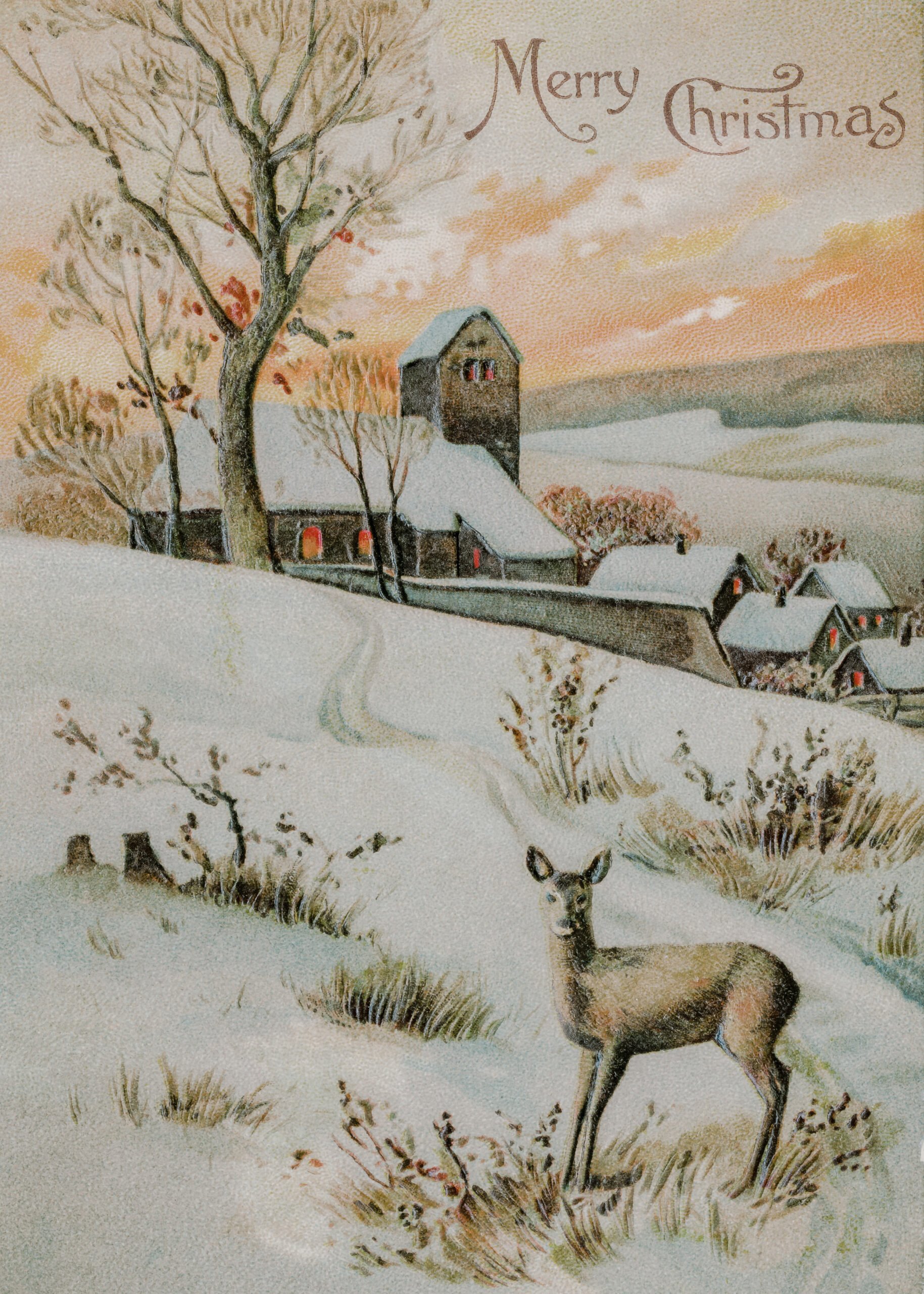 Vintage Christmas postcard showing a snowy village at sunset with a deer in the foreground and "Merry Christmas" written above.