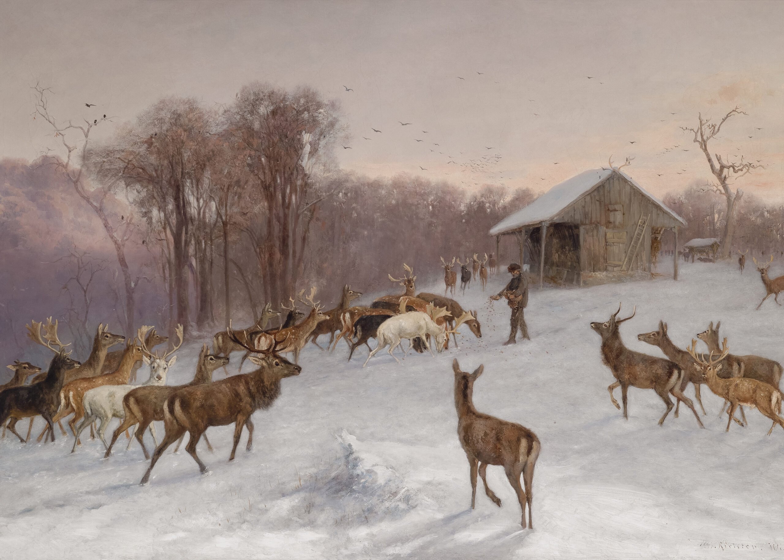 Winter painting of a snowy farm scene with a herd of deer gathered near a man by a barn at sunset.