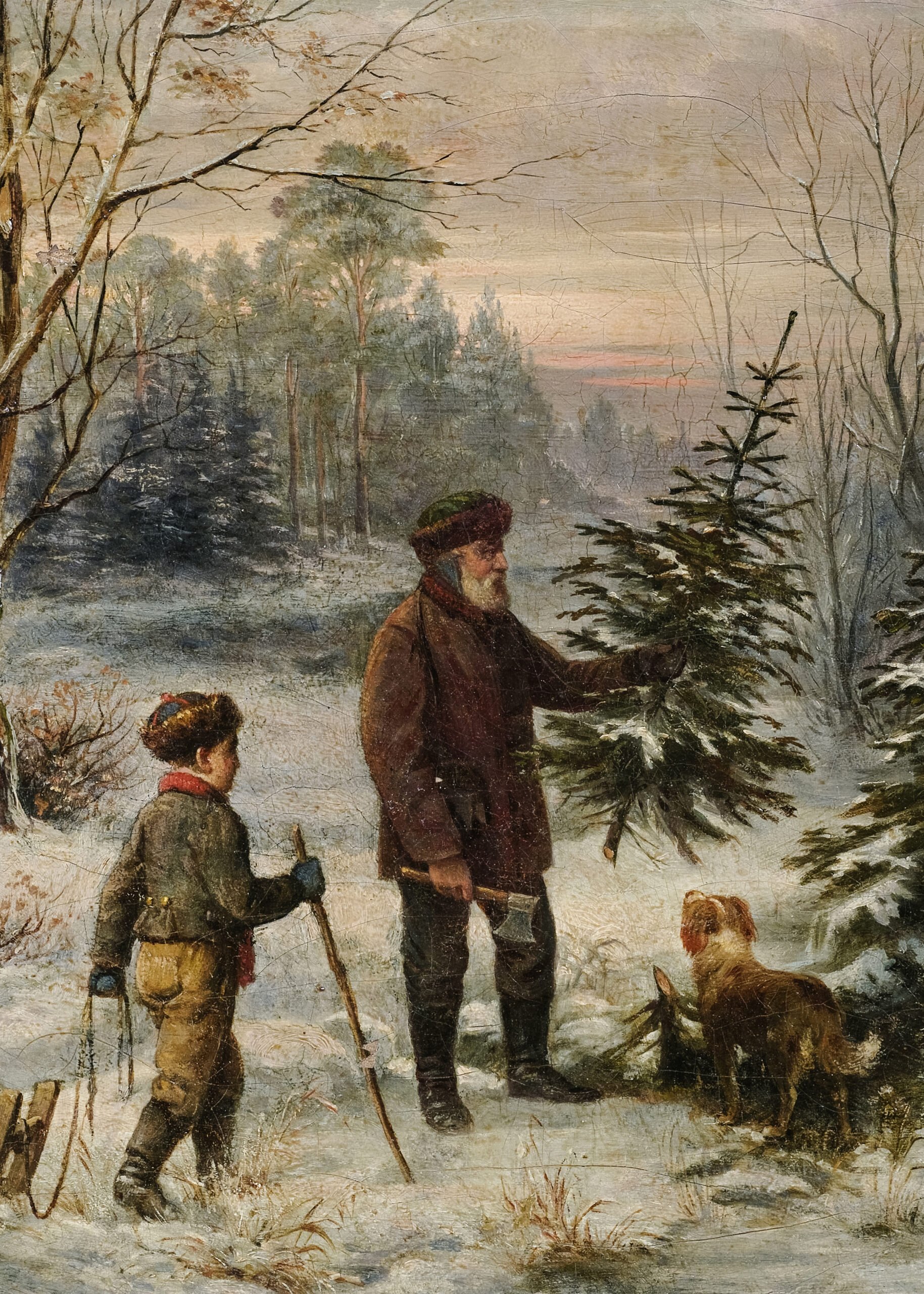 Vintage painting of a man, child, and dog cutting down a small Christmas tree in a snowy forest.