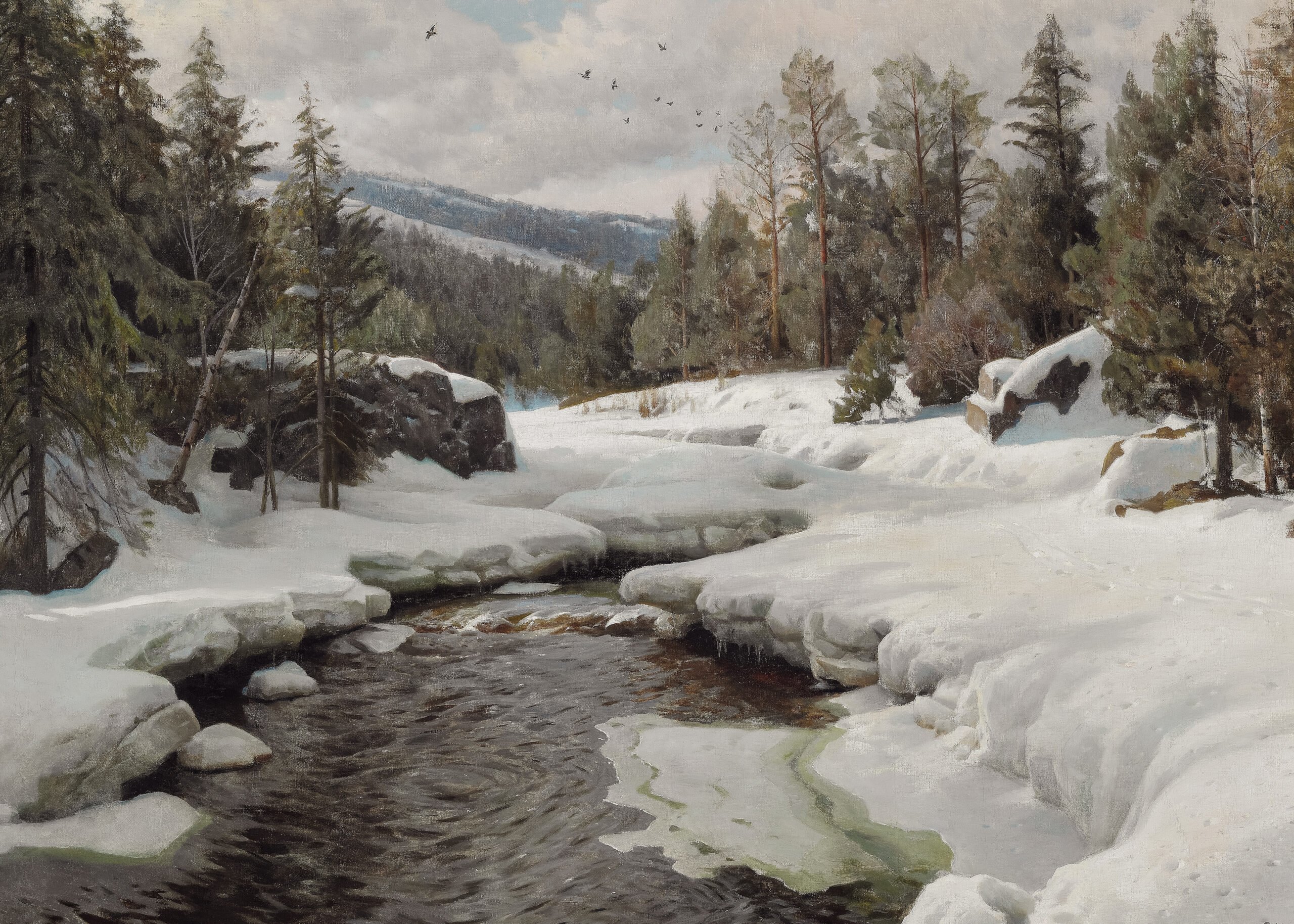 Winter landscape painting of a snowy forest and partially frozen river with mountains in the background.