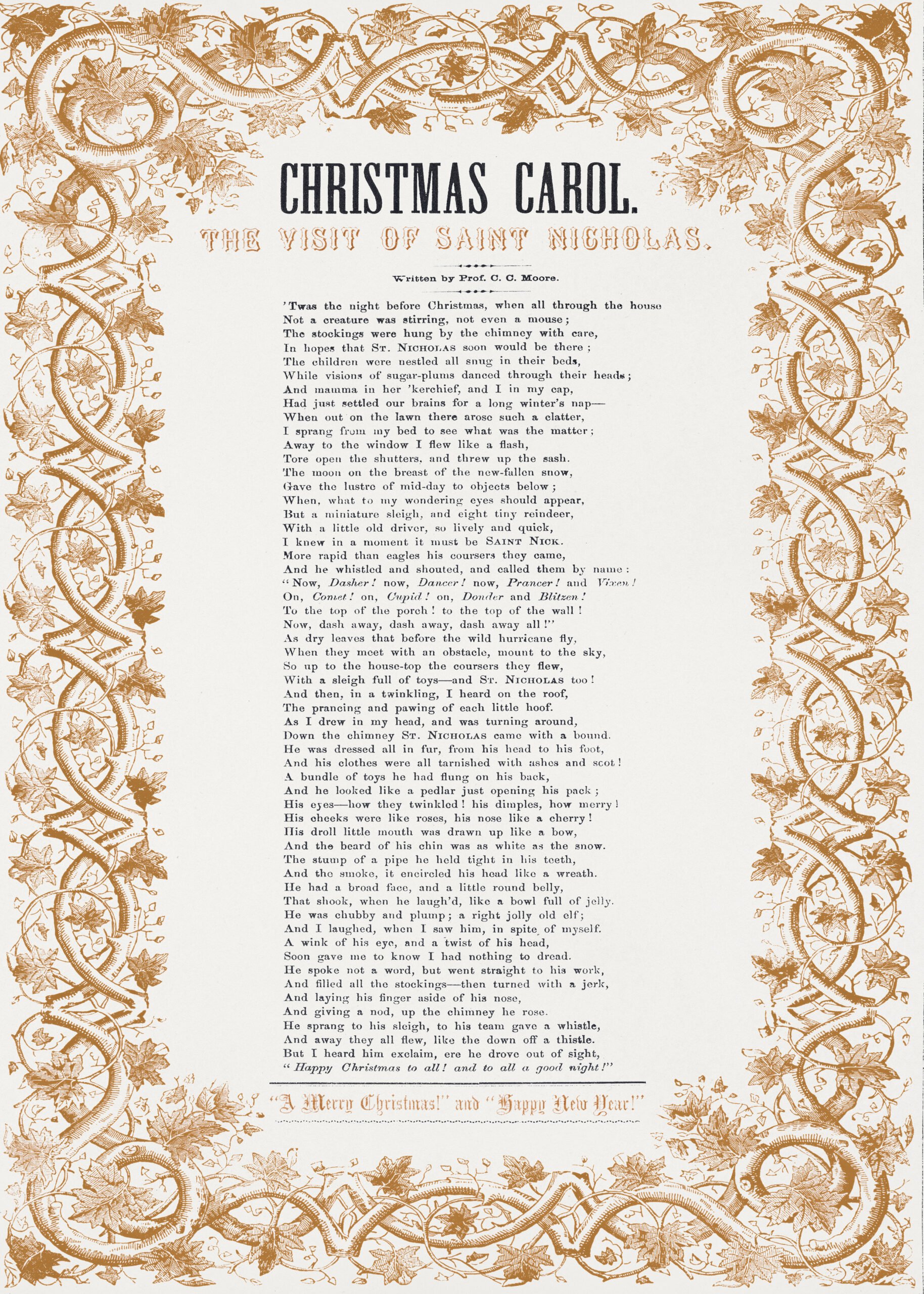 Vintage Christmas broadside of the poem "A Visit from St. Nicholas" (’Twas the Night Before Christmas), framed with ornate gold border designs.