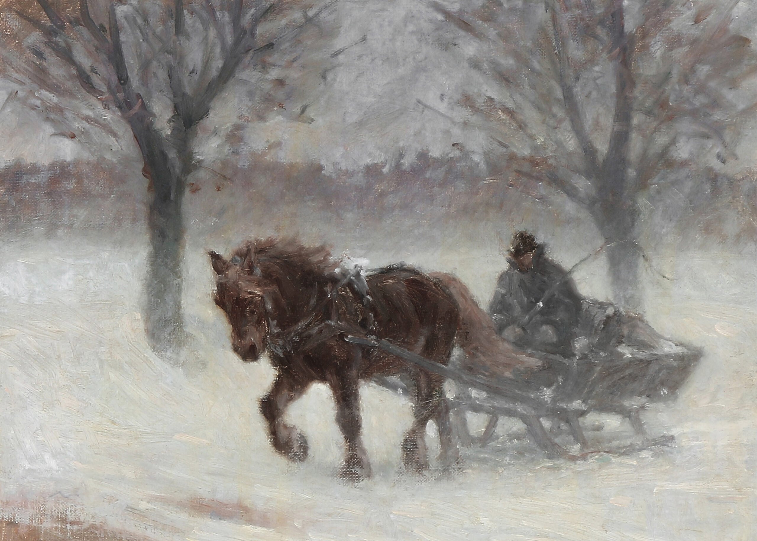 Painting of a man driving a horse-drawn sleigh through a snowy winter scene.