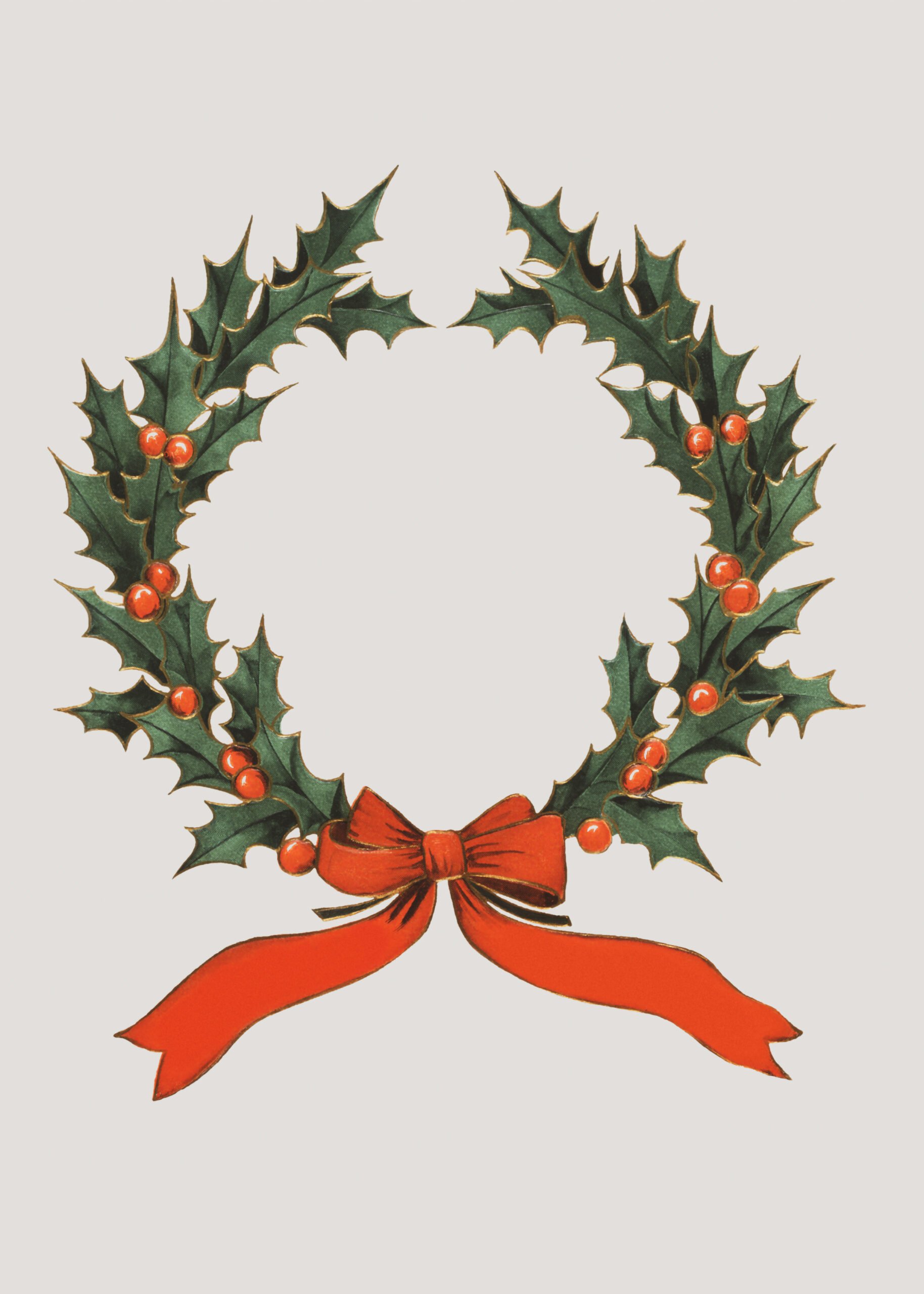 Vintage Christmas illustration of a holly wreath decorated with red berries and a bright red bow.